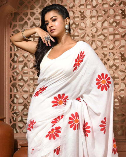 dB DESH BIDESH Women`s Mul Cotton Sarees Soft Fancy Phoolpari Latest, Design Party, Wear Cotton New Linen Saree For Woman With Blouse Piece (White)