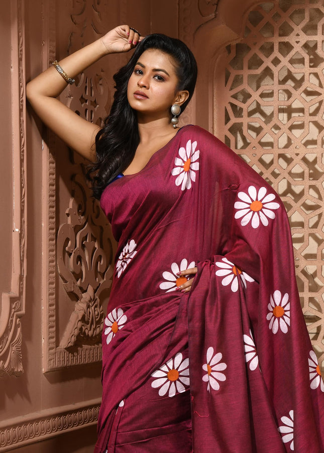 dB DESH BIDESH Women`s Mul Cotton Sarees Soft Fancy Phoolpari Latest, Design Party, Wear Cotton New Linen Saree For Woman With Blouse Piece (Wine)