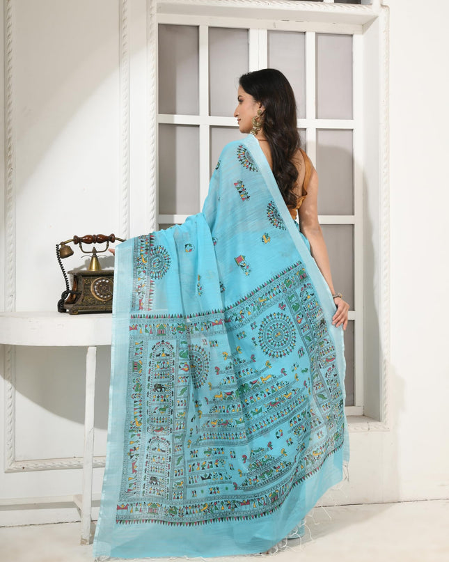 dB DESH BIDESH Women`s Cotton Saree for Woman | Saree for Woman Cotton Blend Tribal Mandala Printed Traditional Sari for Farewell Office Daily Wear with Blouse Piece (Sky Blue)