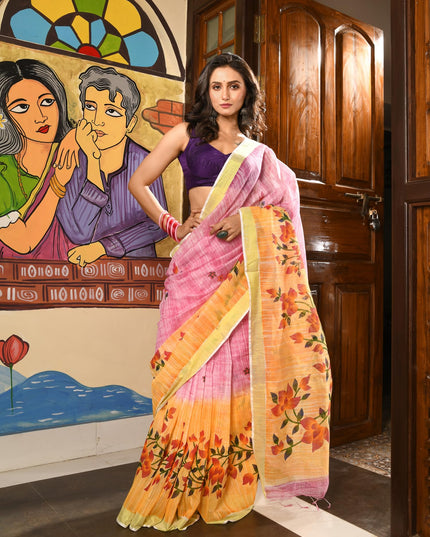 dB DESH BIDESH Women`s Cotton Saree For Woman Latest, Phoolbagan Printed Trendy Soft Cotton Silk Women Sarees with Blouse Piece (Pink Yellow)