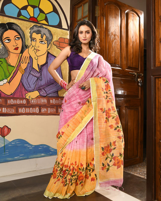 dB DESH BIDESH Women`s Cotton Saree For Woman Latest, Phoolbagan Printed Trendy Soft Cotton Silk Women Sarees with Blouse Piece (Pink Yellow)