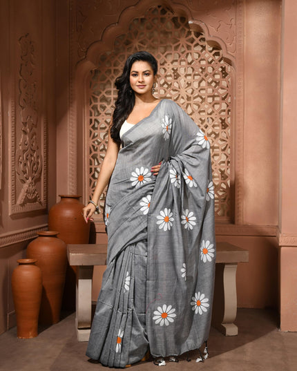 dB DESH BIDESH Women`s Mul Cotton Sarees Soft Fancy Phoolpari Latest, Design Party, Wear Cotton New Linen Saree For Woman With Blouse Piece (Grey)