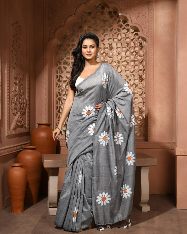 dB DESH BIDESH Women`s Mul Cotton Sarees Soft Fancy Phoolpari Latest, Design Party, Wear Cotton New Linen Saree For Woman With Blouse Piece (Grey)