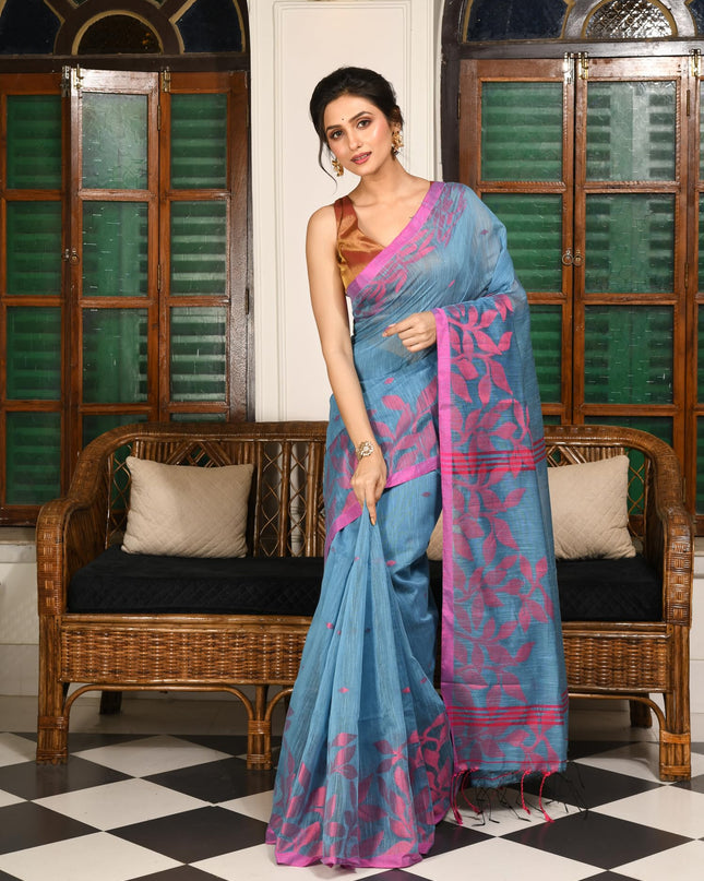 dB DESH BIDESH Women`s Cotton Linen Saree with Unstitched Blouse Piece and Floral Printed Pattern | Women Saree for Special Occasion | Stylish Fancy Cotton Silk Sarees (Sky Blue Saree)
