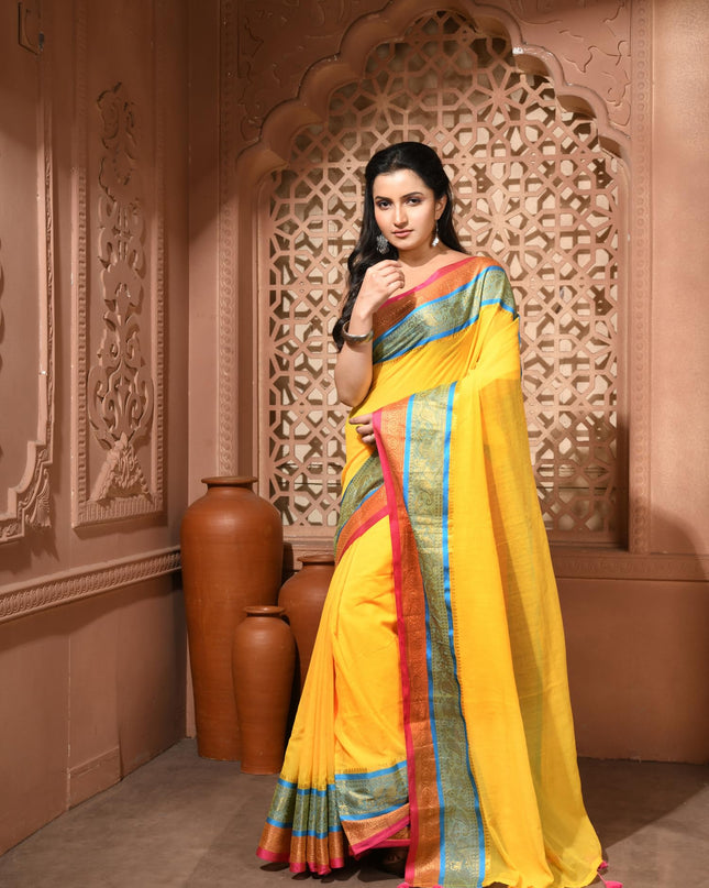 dB DESH BIDESH Women's Kanjivaram Soft Cotton Linen Silk Saree Rajrani Design Latest, Fancy South India Style Saree With Blouse Piece (Yellow Saree)