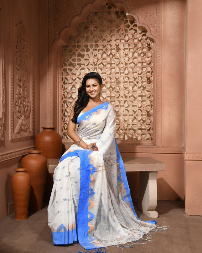 dB DESH BIDESH Women`s Cotton Silk Saree For Woman Pahar Pallav Design New Soft Kalyani Cotton Saree with Zari Border Tassels & Blouse Piece (White Blue)