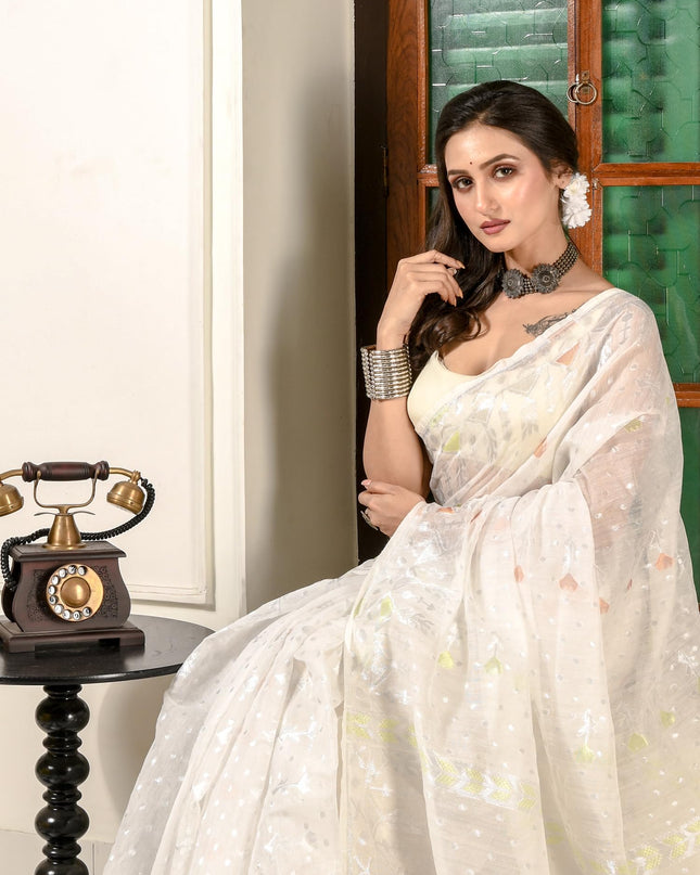 dB DESH BIDESH Women's Soft Cotton Silk Jamdani Sarees For Women for Party Festival Wedding Silk Saree GlamQueen Gold Work Design Without Blouse piece (White Saree)