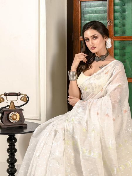 dB DESH BIDESH Women's Soft Cotton Silk Jamdani Sarees For Women for Party Festival Wedding Silk Saree GlamQueen Gold Work Design Without Blouse piece (White Saree)