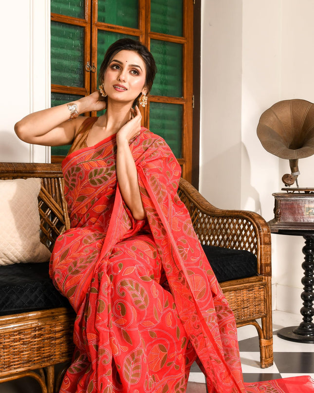 dB DESH BIDESH Women`s Cotton Saree For Woman Nakshakata Leaf kolka Embroidery Printed Trendy Soft Cotton Silk Women Sarees with Blouse Piece (RED)