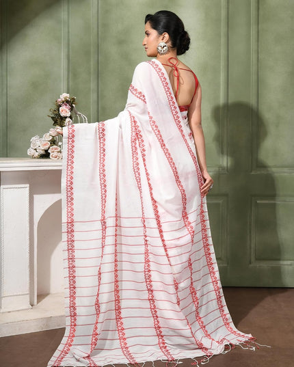 dB DESH BIDESH Women`s Cotton Saree For Woman Red White Diamond Grid Woven Pure Cotton Soft Tant Saree Traditional Bengal Border & Tassels With Blouse Piece