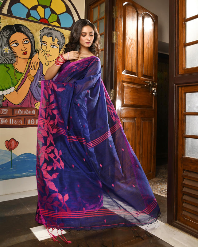 dB DESH BIDESH Women`s Cotton Linen Saree with Unstitched Blouse Piece and Floral Printed Pattern | Women Saree for Special Occasion | Stylish Fancy Cotton Silk Sarees (Blue Saree)