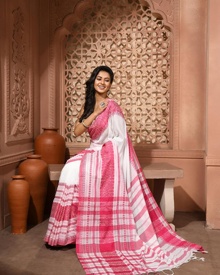 dB DESH BIDESH Women`s Cotton Linen Sarees For Women Nakshipar Design Bengal Handloom Mulmul Cotton Saree for women with unstitched Blouse Piece