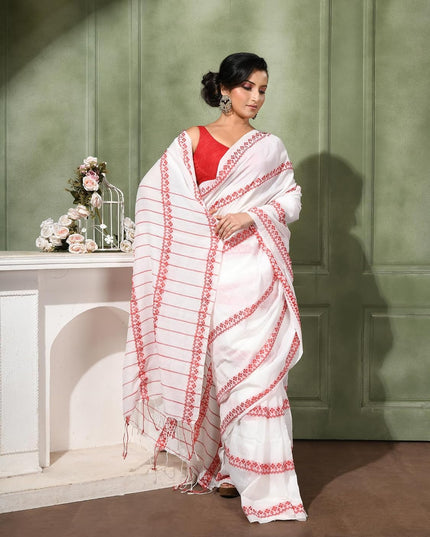 dB DESH BIDESH Women`s Cotton Saree For Woman Red White Diamond Grid Woven Pure Cotton Soft Tant Saree Traditional Bengal Border & Tassels With Blouse Piece