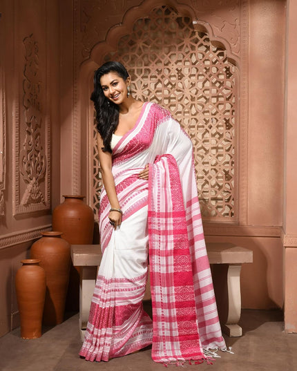 dB DESH BIDESH Women`s Cotton Linen Sarees For Women Nakshipar Design Bengal Handloom Mulmul Cotton Saree for women with unstitched Blouse Piece