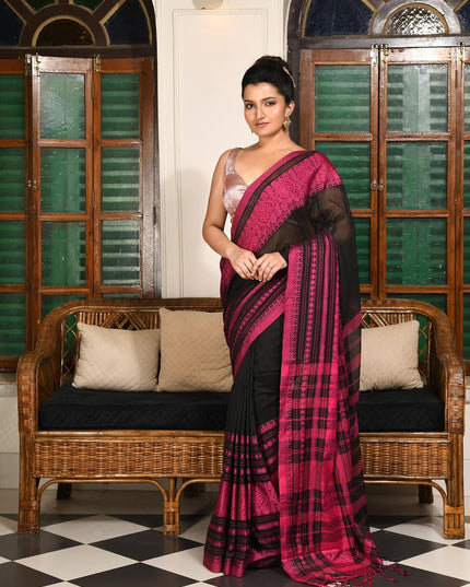 dB DESH BIDESH Women`s Cotton Linen Sarees For Women Nakshipar Design Bengal Handloom Mulmul Cotton Saree for women with unstitched Blouse Piece
