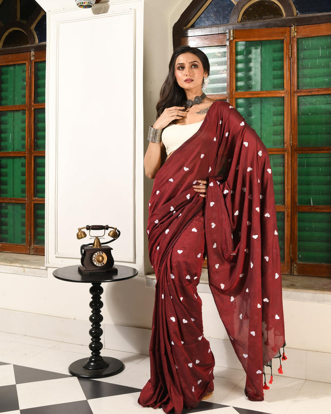 dB DESH BIDESH Women`s Cotton Sarees For Women Office Wear HeartBeat Embroidery Saree Design Soft Cotton Silk Saree With Blouse Piece (Wine)