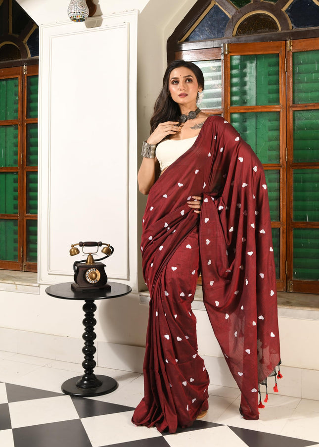 dB DESH BIDESH Women`s Cotton Sarees For Women Office Wear HeartBeat Embroidery Saree Design Soft Cotton Silk Saree With Blouse Piece (Wine)