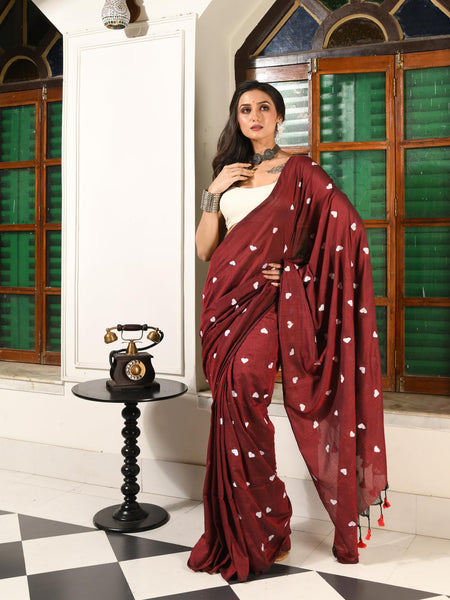 dB DESH BIDESH Women`s Cotton Sarees For Women Office Wear HeartBeat Embroidery Saree Design Soft Cotton Silk Saree With Blouse Piece (Wine)