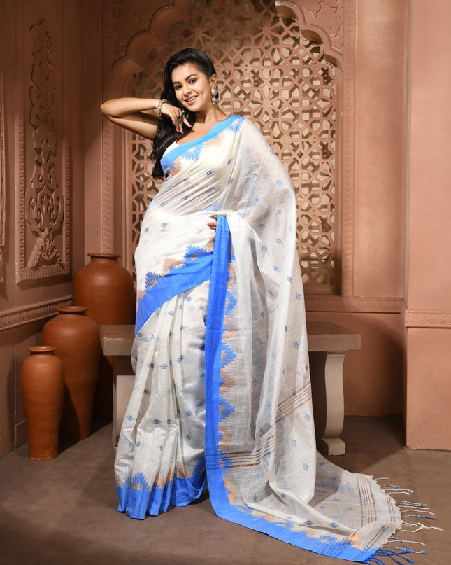 dB DESH BIDESH Women`s Cotton Silk Saree For Woman Pahar Pallav Design New Soft Kalyani Cotton Saree with Zari Border Tassels & Blouse Piece (White Blue)
