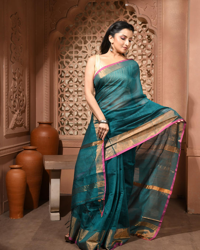 dB DESH BIDESH Women`s Cotton Silk ajrakh Saree with Gold Zari Border RoopZari Trendy Cotton Soft Silk Saree | Saree for Woman (Teal Green)
