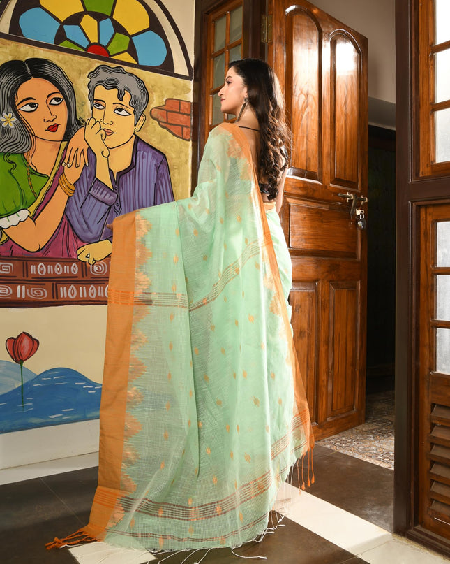 dB DESH BIDESH Women`s Cotton Silk Saree For Woman Pahar Pallav Design New Soft Kalyani Cotton Saree with Zari Border Tassels & Blouse Piece (Soft Green Golden)