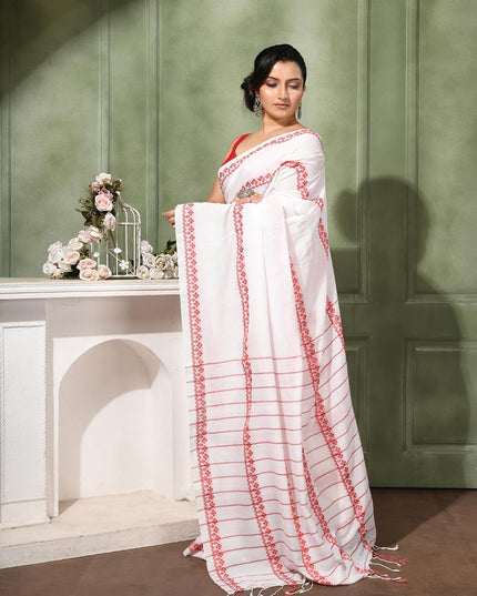 dB DESH BIDESH Women`s Cotton Saree For Woman Red White Diamond Grid Woven Pure Cotton Soft Tant Saree Traditional Bengal Border & Tassels With Blouse Piece