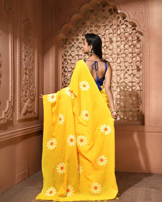 dB DESH BIDESH Women`s Mul Cotton Sarees Soft Fancy Phoolpari Latest, Design Party, Wear Cotton New Linen Saree For Woman With Blouse Piece (Yellow)