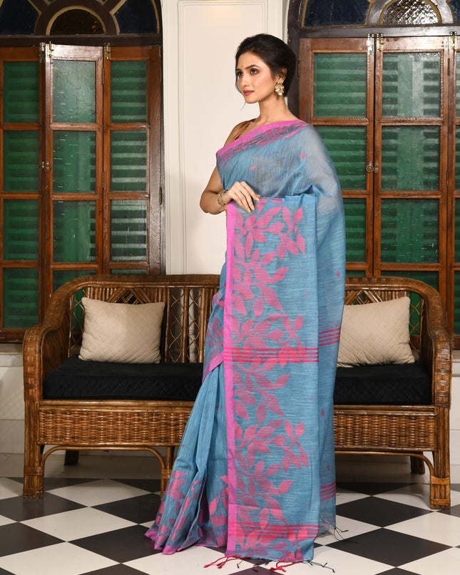dB DESH BIDESH Women`s Cotton Linen Saree with Unstitched Blouse Piece and Floral Printed Pattern | Women Saree for Special Occasion | Stylish Fancy Cotton Silk Sarees (Sky Blue Saree)