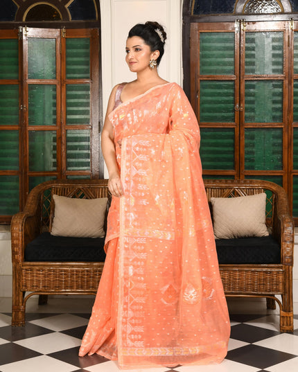 dB DESH BIDESH Women's Soft Cotton Silk Jamdani Sarees For Women for Party Festival Wedding Silk Saree GlamQueen Gold Work Design Without Blouse piece (Peach Orange)