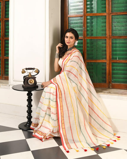 dB DESH BIDESH Women`s Cotton Linen Sarees for Woman Zari Trending New Cotton Swarnarekha Design Party, Wear White saree for woman Without Blouse Piece