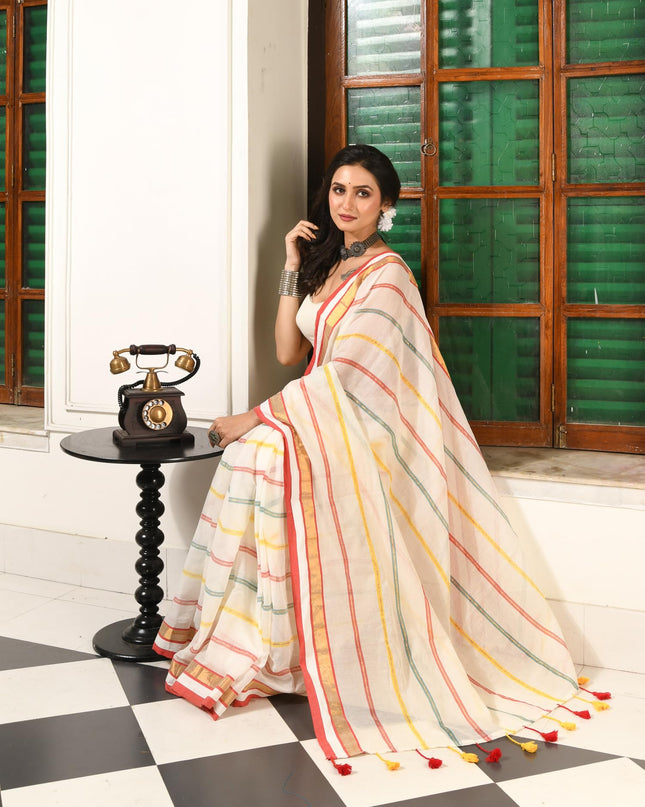 dB DESH BIDESH Women`s Cotton Linen Sarees for Woman Zari Trending New Cotton Swarnarekha Design Party, Wear White saree for woman Without Blouse Piece