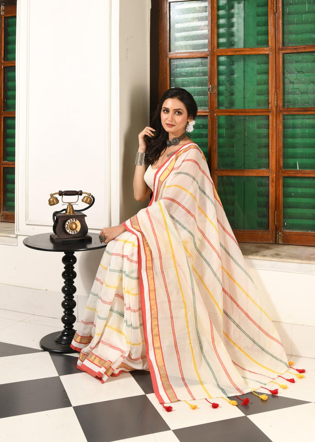 dB DESH BIDESH Women`s Cotton Linen Sarees for Woman Zari Trending New Cotton Swarnarekha Design Party, Wear White saree for woman Without Blouse Piece