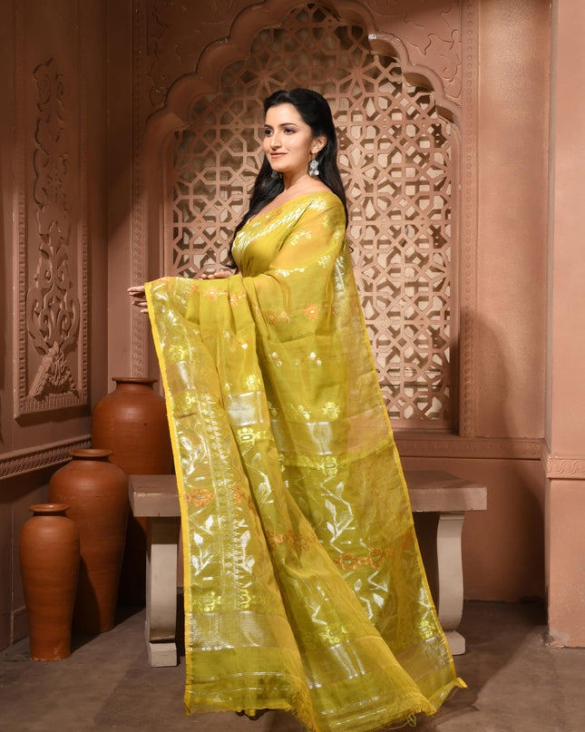 dB DESH BIDESH Women's Soft Cotton Silk Jamdani Sarees For Women for Party, Wear Linen Silk Saree Zarikatha Design Cotton saree for woman Without Blouse piece (Olive)