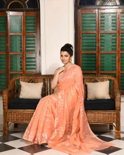 dB DESH BIDESH Women's Soft Cotton Silk Jamdani Sarees For Women for Party Festival Wedding Silk Saree GlamQueen Gold Work Design Without Blouse piece (Peach)