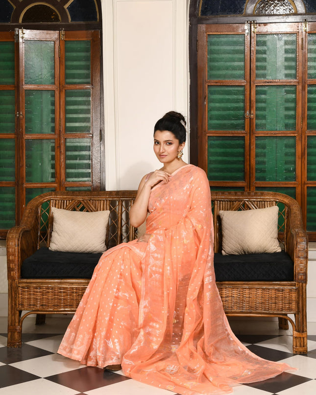 dB DESH BIDESH Women's Soft Cotton Silk Jamdani Sarees For Women for Party Festival Wedding Silk Saree GlamQueen Gold Work Design Without Blouse piece (Peach)