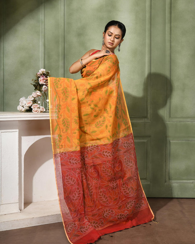 dB DESH BIDESH Women`s Cotton Saree For Woman Nakshakata Leaf kolka Embroidery Printed Trendy Soft Cotton Silk Women Sarees with Blouse Piece (YELLOW RED)