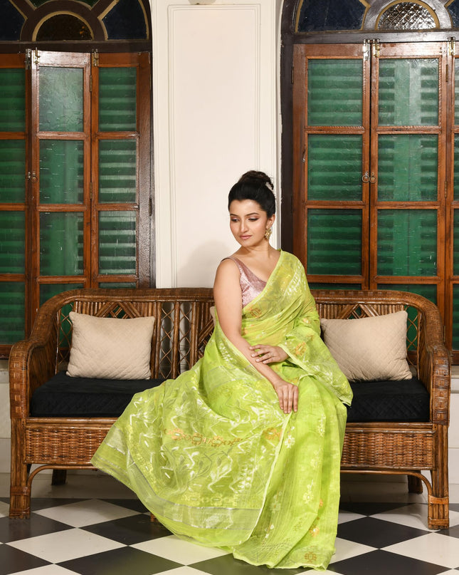 dB DESH BIDESH Women's Soft Cotton Silk Jamdani Sarees For Women for Party, Wear Linen Silk Saree Zarikatha Design Cotton saree for woman Without Blouse piece (Lemon Green)