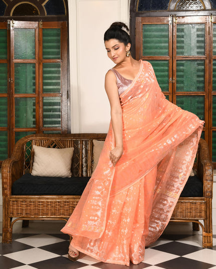 dB DESH BIDESH Women's Soft Cotton Silk Jamdani Sarees For Women for Party Festival Wedding Silk Saree GlamQueen Gold Work Design Without Blouse piece (Peach Orange)