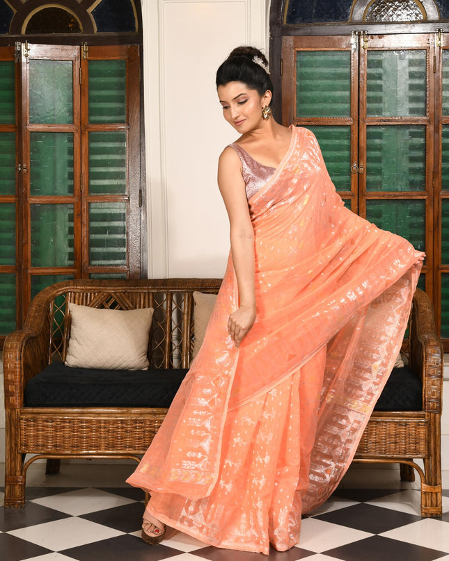 dB DESH BIDESH Women's Soft Cotton Silk Jamdani Sarees For Women for Party Festival Wedding Silk Saree GlamQueen Gold Work Design Without Blouse piece (Peach)