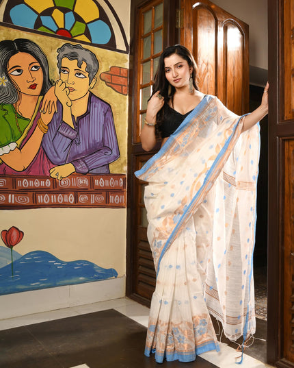dB DESH BIDESH Women`s Cotton Silk Saree with Gold Zari Floral Woven Svarna Lata Design Soft Modal Silk Women Saree With Blouse Piece | Sari for women (White)