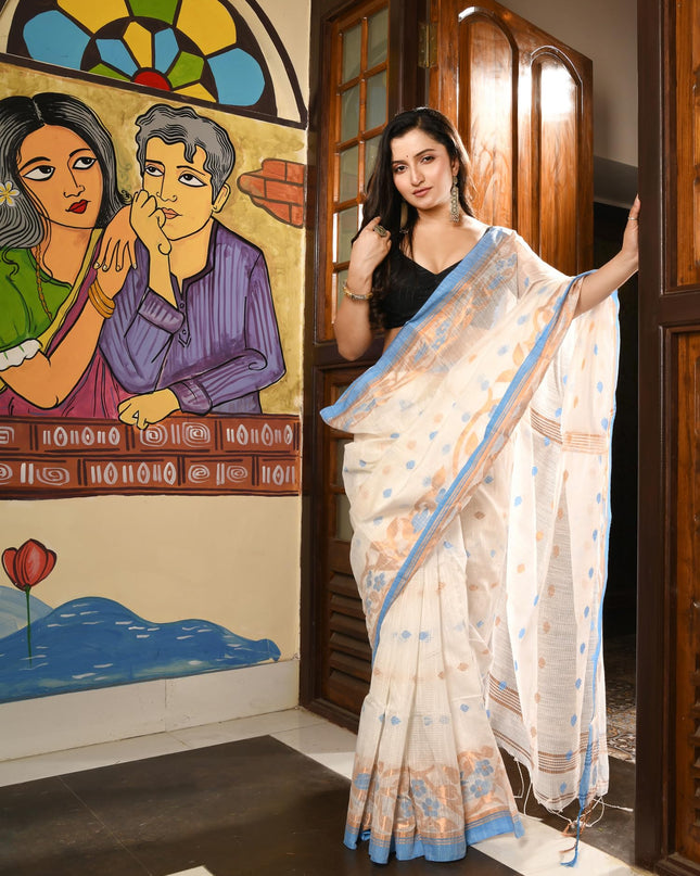 dB DESH BIDESH Women`s Cotton Silk Saree with Gold Zari Floral Woven Svarna Lata Design Soft Modal Silk Women Saree With Blouse Piece | Sari for women (White)