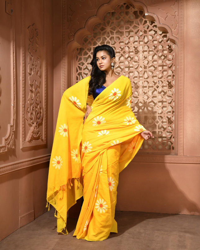 dB DESH BIDESH Women`s Mul Cotton Sarees Soft Fancy Phoolpari Latest, Design Party, Wear Cotton New Linen Saree For Woman With Blouse Piece (Yellow)