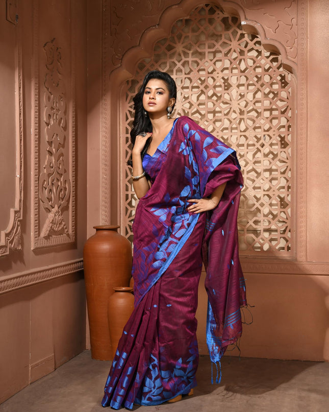 dB DESH BIDESH Women`s Cotton Linen Saree with Unstitched Blouse Piece and Floral Printed Pattern | Women Saree for Special Occasion | Stylish Fancy Cotton Silk Sarees (Wine Red)