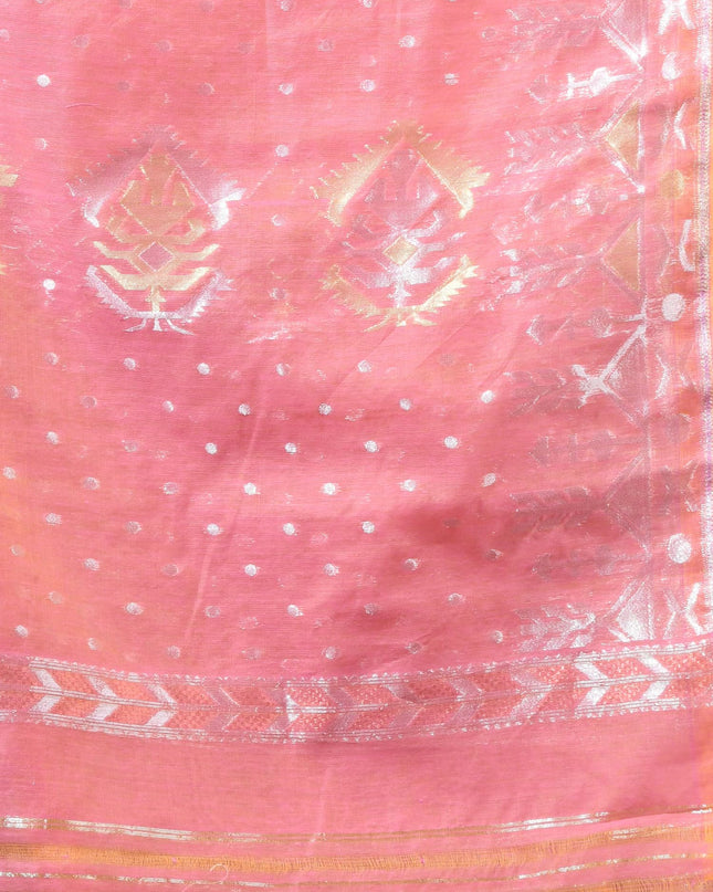 dB DESH BIDESH Women's Soft Cotton Silk Jamdani Sarees For Women for Party Festival Wedding Silk Saree GlamQueen Gold Work Design Without Blouse piece (Coral Pink)