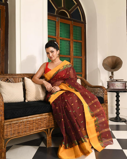 dB DESH BIDESH Women Cotton Sarees for Women Royal Patralika Design Handloom Tant Saree Daily Wear Traditional Bengali Cotton Saree Without Blouse Piece