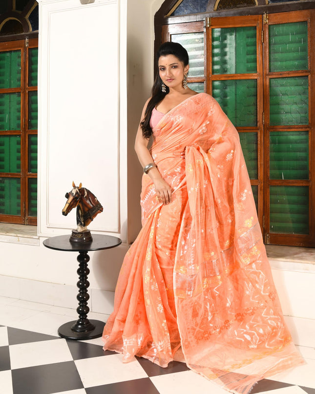 dB DESH BIDESH Women's Soft Cotton Silk Jamdani Sarees For Women for Party, Wear Linen Silk Saree Zarikatha Design Cotton saree for woman Without Blouse piece (Peach Orange)