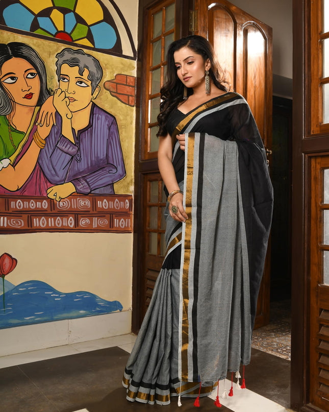 dB DESH BIDESH Women`s Mul Cotton Sarees Soft Zari Fancy Roshni Latest, Design Party, Wear Cotton Silk Saree For Woman With Blouse Piece (Black Grey Golden)
