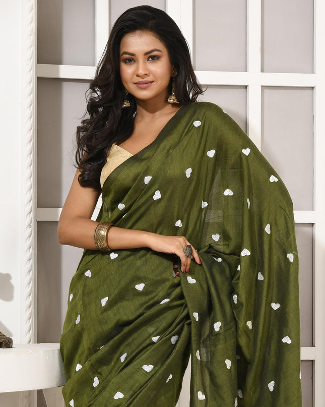 dB DESH BIDESH Women`s Cotton Sarees For Women Office Wear HeartBeat Embroidery Saree Design Soft Cotton Silk Saree With Blouse Piece (Green)