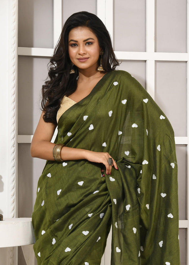 dB DESH BIDESH Women`s Cotton Sarees For Women Office Wear HeartBeat Embroidery Saree Design Soft Cotton Silk Saree With Blouse Piece (Green)