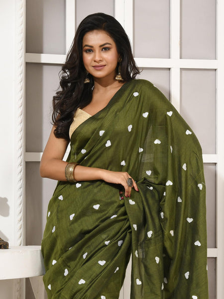 dB DESH BIDESH Women`s Cotton Sarees For Women Office Wear HeartBeat Embroidery Saree Design Soft Cotton Silk Saree With Blouse Piece (Green)